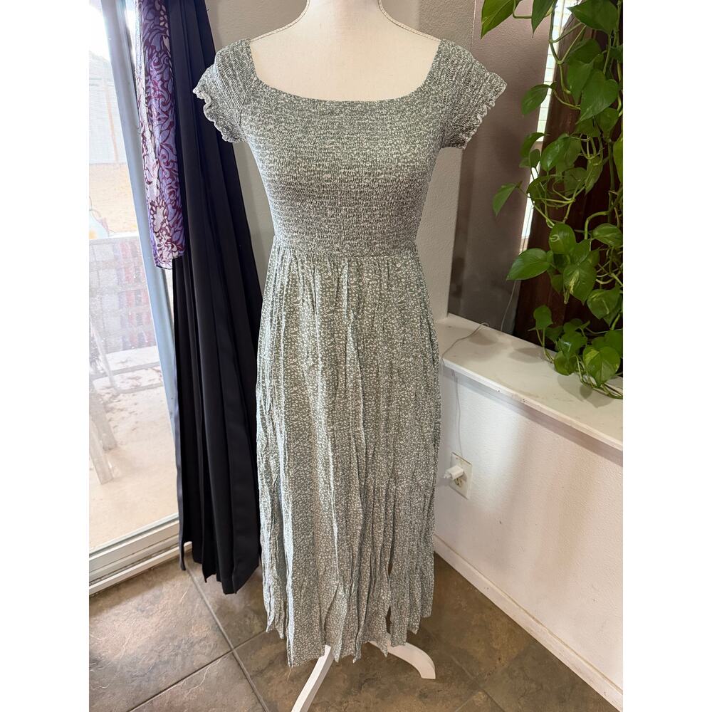 Boho Ditsy Floral Print Off Shoulder Short Sleeve Split Maxi A Line Dress LARGE